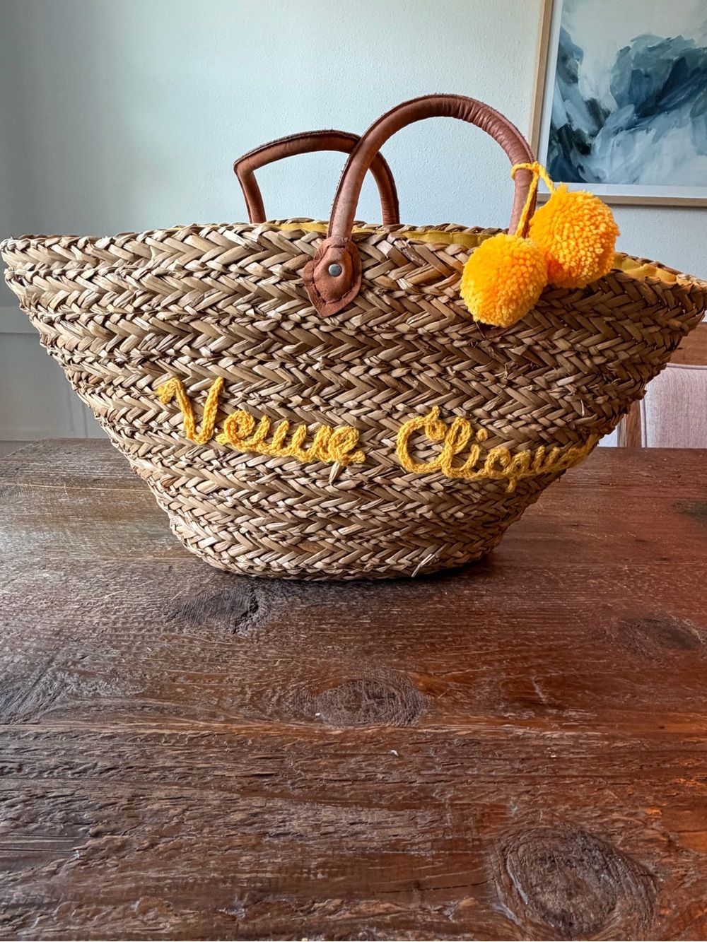 Yellow Pom Straw Tote Bag with Leather Handles
